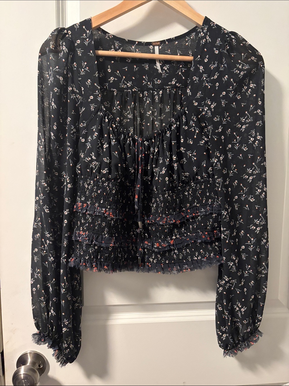 Free People Black Floral Smocked Peasant Blouse with Pink Accents